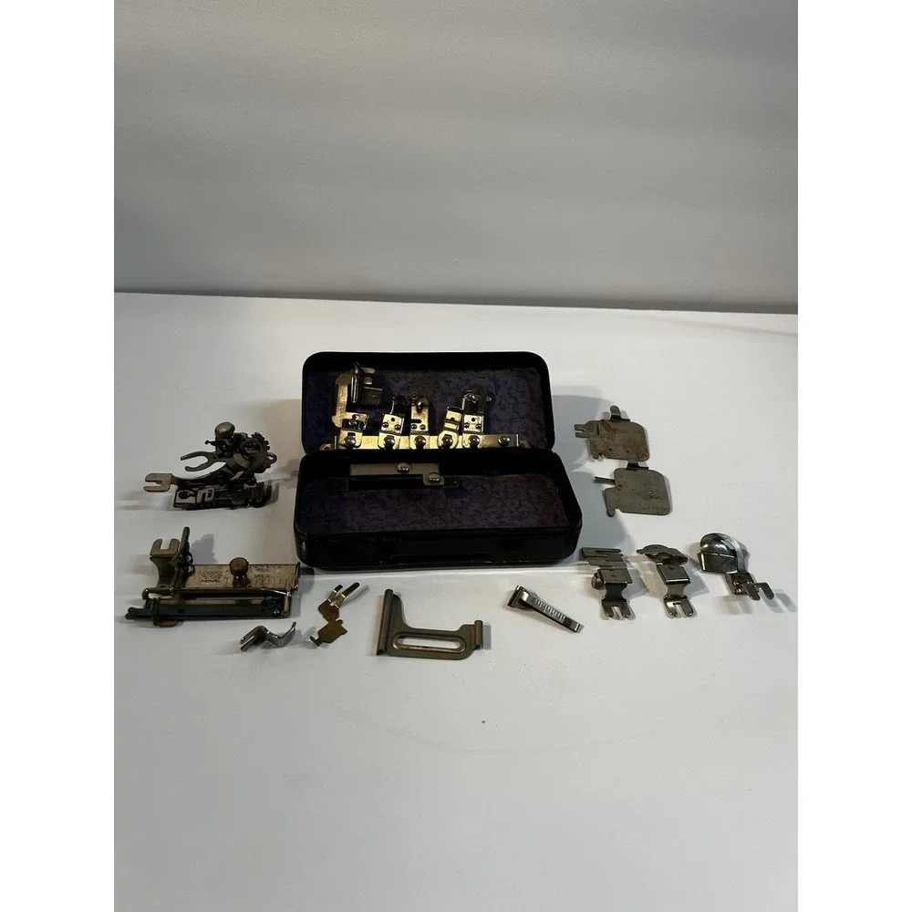 Vintage Greist Rotary Sewing Machine Attachments Set w Original Tin Case